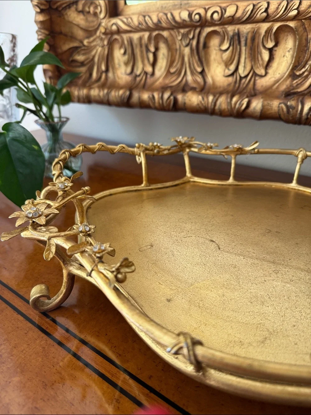 Gold Floral Decorative Vanity Tray - Elegant Home Bath Accessory